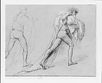 Study for "The Surrender of the Dutch Admiral De Winter to Admiral Duncan, October 11, 1797": Two Studies of a Man with a Sail or Flag, John Singleton Copley (American, Boston, Massachusetts 1738–1815 London), Black and red chalk, white-chalk heightening, and graphite on blue laid paper, American