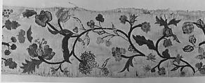 Border, Linen embroidered with crewel wool, American