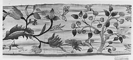 Border, Linen embroidered with crewel wool, American