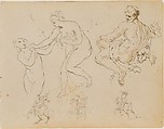 Two Female Nudes; Seated Male Nude (after Michelangelo?); Three Equestrian Figures (from Sketchbook), Thomas Sully (American, Horncastle, Lincolnshire 1783–1872 Philadelphia, Pennsylvania), Pen, iron-gaul ink and graphite on off-white laid paper, American