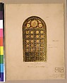 Design for bronze double doors, Louis C. Tiffany (American, New York 1848–1933 New York), Watercolor, gouache, brown India ink, and graphite on off-white wove paper on board in original light tan lunette-shaped window matt, American