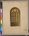 Design for bronze double doors, Louis C. Tiffany (American, New York 1848–1933 New York), Watercolor, gouache, brown India ink, and graphite on off-white wove paper on board in original light tan lunette-shaped window matt, American