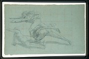 Study for "The Siege of Gibraltar": Figure Astride Cannon Pulling Down Spanish Colors, John Singleton Copley (American, Boston, Massachusetts 1738–1815 London), Black chalk, white-chalk heightening, and graphite on blue laid paper, American