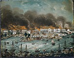 Burning of the "Factories" in Canton, Chinese Painter, Oil on copper, American