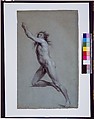 Study from Life: Nude Male, John Trumbull (American, Lebanon, Connecticut 1756–1843 New York), Black chalk and white-chalk heightening on blue laid paper, American