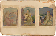 Suggestion for Three Upper Windows in Large Hall for Residence of Mr. T. Eaton, Toronto, Canada, Louis C. Tiffany (American, New York 1848–1933 New York), Gouache and watercolor on transparent paper over photograph collage (probably gelatin silver print) mounted on artist’s board with graphite; original mat, American