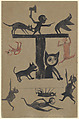 Figures and Construction with Cat, Bill Traylor (American, Benton, Alabama 1853/54–1949 Montgomery, Alabama), Gouache and pencil on cardboard, American