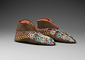 Moccasins, Tanned leather, dye,  cotton cloth, silk ribbon, and glass and metal beads, Muscogee/ Creek, Native American
