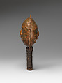 Rattle, Copper, wood, tanned leather, abalone shell, and horn, Tlingit, Native American