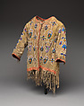 Boy's jacket, Tanned leather, pigment, glass beads, cotton cloth, and commercial buttons, Crow, Native American