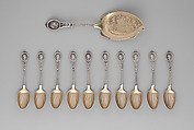 Ice Cream Slicer and 10 Ice Cream Spoons, Possibly Kidney, Cann & Johnson (American, 1863–67), Silver and silver-gilt, American