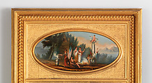 Pier mirror, White pine frame, gessoed, sanded and gilded, mahogany oval panel, painted, looking glass, American