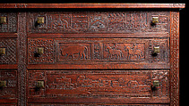 Carved chest, Robert Laurent (American (born France), Concarneau 1890–1970 Cape Neddick, Maine), Black walnut, tulip poplar, plywood, and brass, American