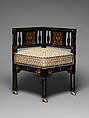 Chair, Kimbel and Cabus (American, New York, 1863–1882), Ebonized wood, printed paper panels, gilding, later upholstery, American