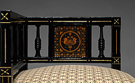 Chair, Kimbel and Cabus (American, New York, 1863–1882), Ebonized wood, printed paper panels, gilding, later upholstery, American