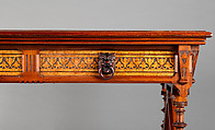 Library table, Daniel Pabst (American, born Germany 1826–1910 Philadelphia, Pennsylvania), Walnut, burled maple, casters, original and later felt, American