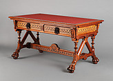 Library table, Daniel Pabst (American, born Germany 1826–1910 Philadelphia, Pennsylvania), Walnut, burled maple, casters, original and later felt, American