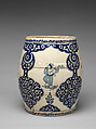 Barrel-shaped planter with Chinese figures, Tin-glazed earthenware, Mexican