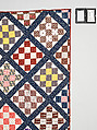 Thirteen-patch block quilt with Japanesque backing fabric, Unknown Maker, American, Cotton, American