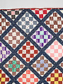Thirteen-patch block quilt with Japanesque backing fabric, Unknown Maker, American, Cotton, American