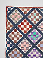 Thirteen-patch block quilt with Japanesque backing fabric, Unknown Maker, American, Cotton, American