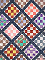 Thirteen-patch block quilt with Japanesque backing fabric, Unknown Maker, American, Cotton, American