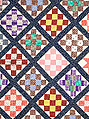 Thirteen-patch block quilt with Japanesque backing fabric, Unknown Maker, American, Cotton, American