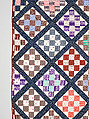 Thirteen-patch block quilt with Japanesque backing fabric, Unknown Maker, American, Cotton, American
