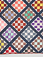 Thirteen-patch block quilt with Japanesque backing fabric, Unknown Maker, American, Cotton, American