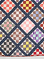 Thirteen-patch block quilt with Japanesque backing fabric, Unknown Maker, American, Cotton, American
