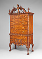 High chest of drawers, Mahogany, mahogany veneer, yellow pine, yellow poplar, northern white cedar; brass, American