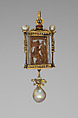 Pendant, Crystal, enamel, gold, pearls, boxwood, Mexican