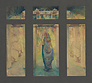 Design for “Woman in a Pergola with Wisteria” window, Louis C. Tiffany (American, New York 1848–1933 New York), Watercolor, pen and brown ink, and graphite on translucent paper adhered to artist board in original metallic gold window mat, American