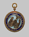 Lover's Eye locket, Watercolor miniature on ivory set in a gold locket with blue enamel, seed pearls, stones, and hair, Probably British