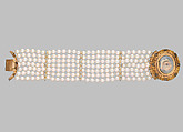 Lover's Eye bracelet, Watercolor and ivory set in a gold case attached to a seven strand pearl bracelet, Probably British