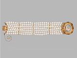 Lover's Eye bracelet, Watercolor and ivory set in a gold case attached to a seven strand pearl bracelet, Probably British
