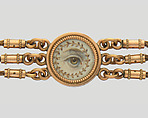Lover’s Eye Watch Fob, 4 watercolor on ivory lover’s eyes set in gold cases and attached to a gold and hairwork chain, Probably British