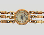 Lover’s Eye Watch Fob, 4 watercolor on ivory lover’s eyes set in gold cases and attached to a gold and hairwork chain, Probably British