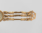 Lover’s Eye Watch Fob, 4 watercolor on ivory lover’s eyes set in gold cases and attached to a gold and hairwork chain, Probably British