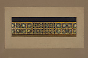 Design of Altar Rail, Mrs. Judge Gould, St.  PAULS CHURCH, TROY, NY, Louis C. Tiffany (American, New York 1848–1933 New York), Watercolor, pen and a variety of inks (metallic bronze, brown and black), and graphite on off-white wove paper-faced illustration board with original warm grey window mat, American
