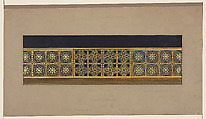 Design of Altar Rail, Mrs. Judge Gould, St.  PAULS CHURCH, TROY, NY, Louis C. Tiffany (American, New York 1848–1933 New York), Watercolor, pen and a variety of inks (metallic bronze, brown and black), and graphite on off-white wove paper-faced illustration board with original warm grey window mat, American
