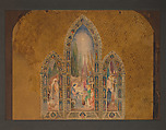 Design for Chancel wall fo Christ Church, Cobble Hill, Brooklyn, Louis C. Tiffany (American, New York 1848–1933 New York), Transparent and opaque watercolor, ink, and graphite on pebble finish mat board in original decorated mat with shaped tracery window openings, American