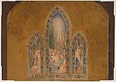 Design for Chancel wall fo Christ Church, Cobble Hill, Brooklyn, Louis C. Tiffany (American, New York 1848–1933 New York), Transparent and opaque watercolor, ink, and graphite on pebble finish mat board in original decorated mat with shaped tracery window openings, American
