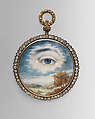 Lover's Eye locket, Watercolor miniature on ivory set in a gold locket with blue enamel, seed pearls, stones, and hair, Probably British