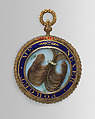 Lover's Eye locket, Watercolor miniature on ivory set in a gold locket with blue enamel, seed pearls, stones, and hair, Probably British
