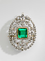 Brooch, Probably Tiffany &amp; Co. (1837–present), Emerald, diamonds, platinum, American