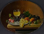 Still Life Fruit and Wine Glass, Severin Roesen  American, Oil on board with gold leaf frame, American