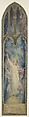 Design for window of Angel Gabriel, Louis C. Tiffany (American, New York 1848–1933 New York), Watercolor, gouache, graphite, and ruled white ink on off-white wove paper - shaped and mounted on warm grey wove paper secondary support in original warm grey window mat with shaped tracery., American