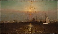 New York Harbor with Brooklyn Bridge, G. Baker  American, Oil on canvas, American