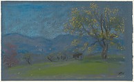 Landscape with Yellow Tree, Arthur B. Davies (American, Utica, New York 1862–1928 Florence), Pastel on blue wove paper, American